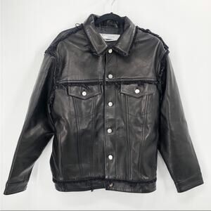 IRO Else Lamb Leather Black Moto Fringe Trimmed Button Up Jacket Boho US 6